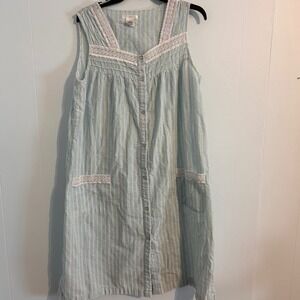 Pink K Blue Green Striped Seersucker Snap Front House Dress Lace Trim Large
